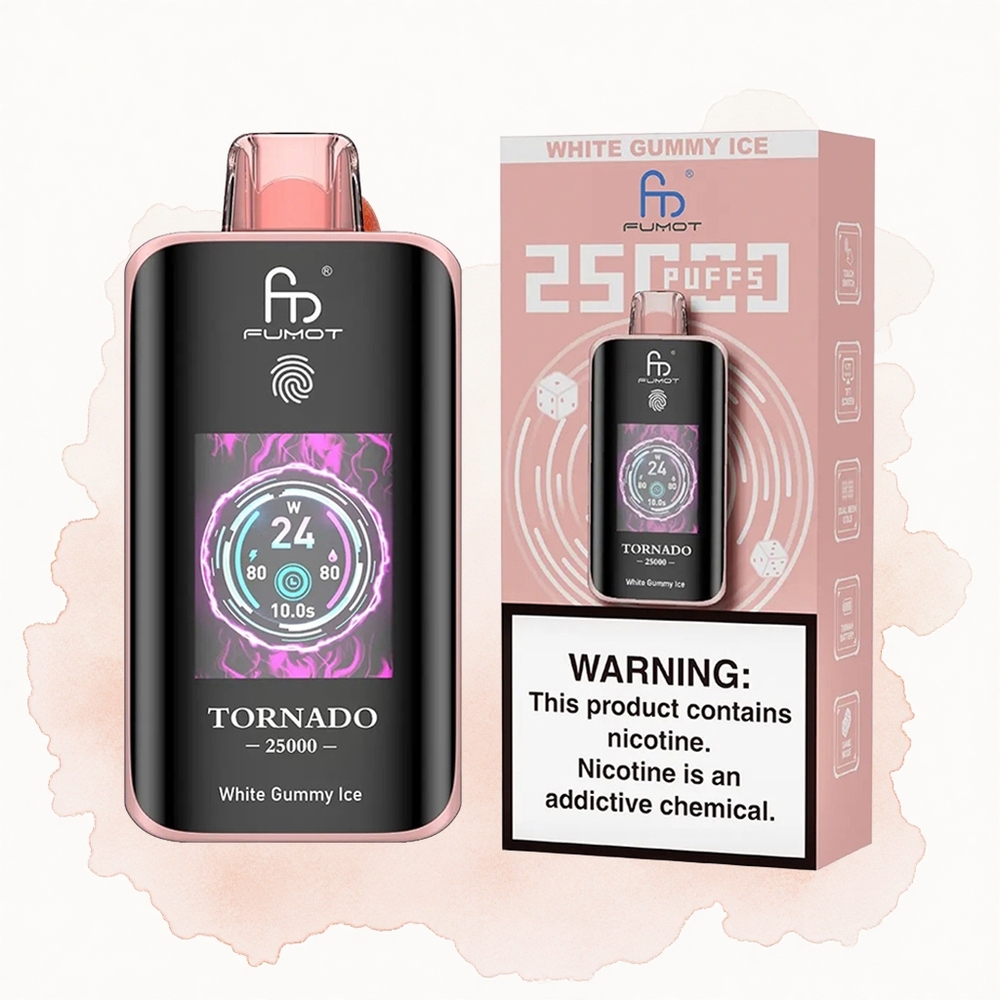 Beli Gumeni Led Fumot Tornado 25000 Pufova HD Ekran 20ml Pre-punjen E-tečnost